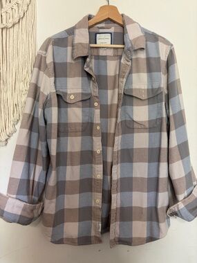 American Eagle Plaid Button-Up Shirt - Taupe & Light Blue